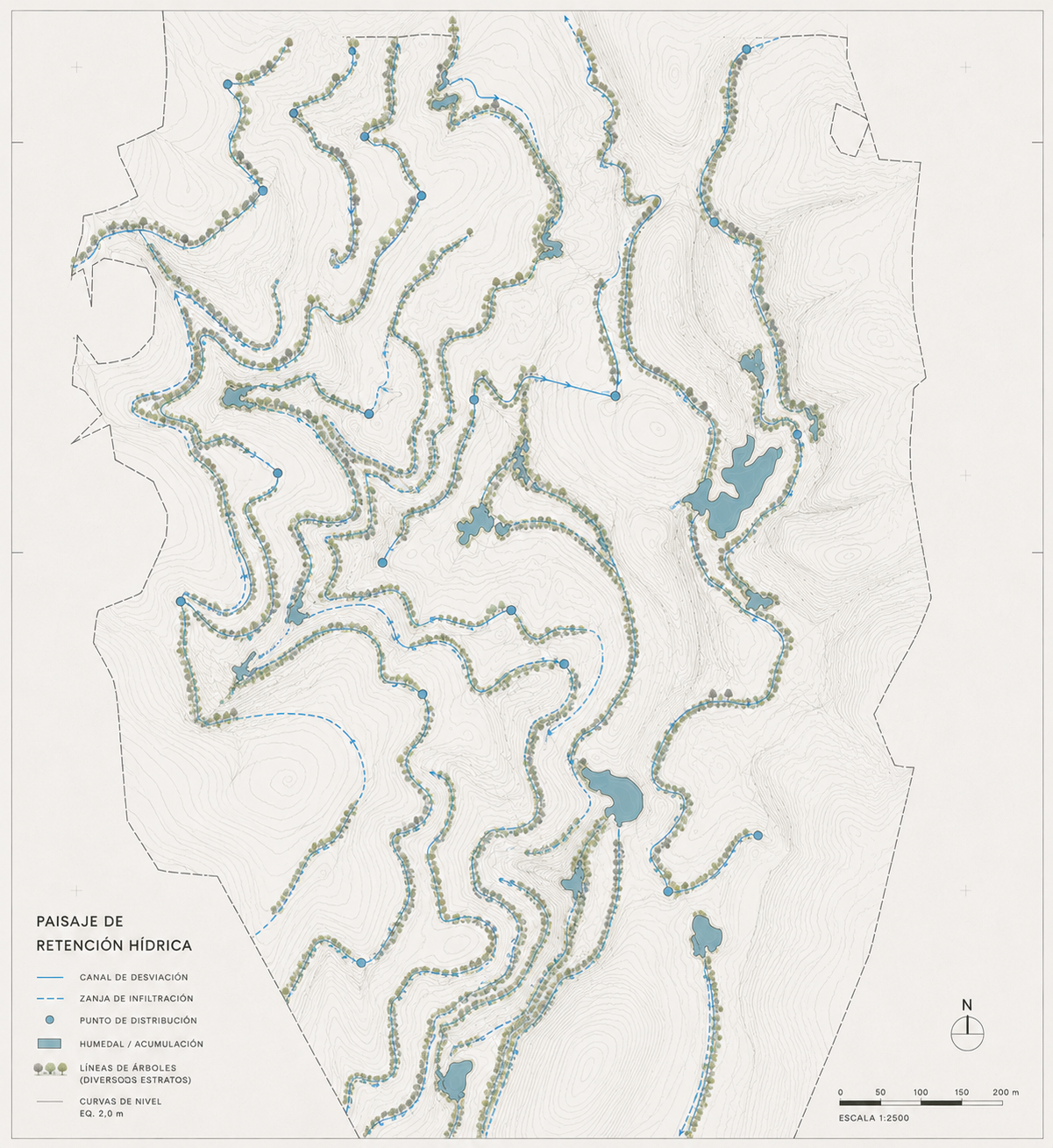 Diseño de paisaje de retención hídrica en un terreno forestal de 125 hectáreas, Camino a Molco, Cauquenes